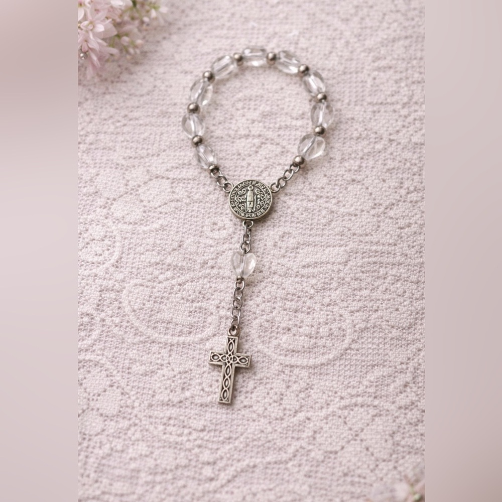 Saint Benedict Finger Rosary Medal Heart Beads Catholic Vintage Baptism Chaplet